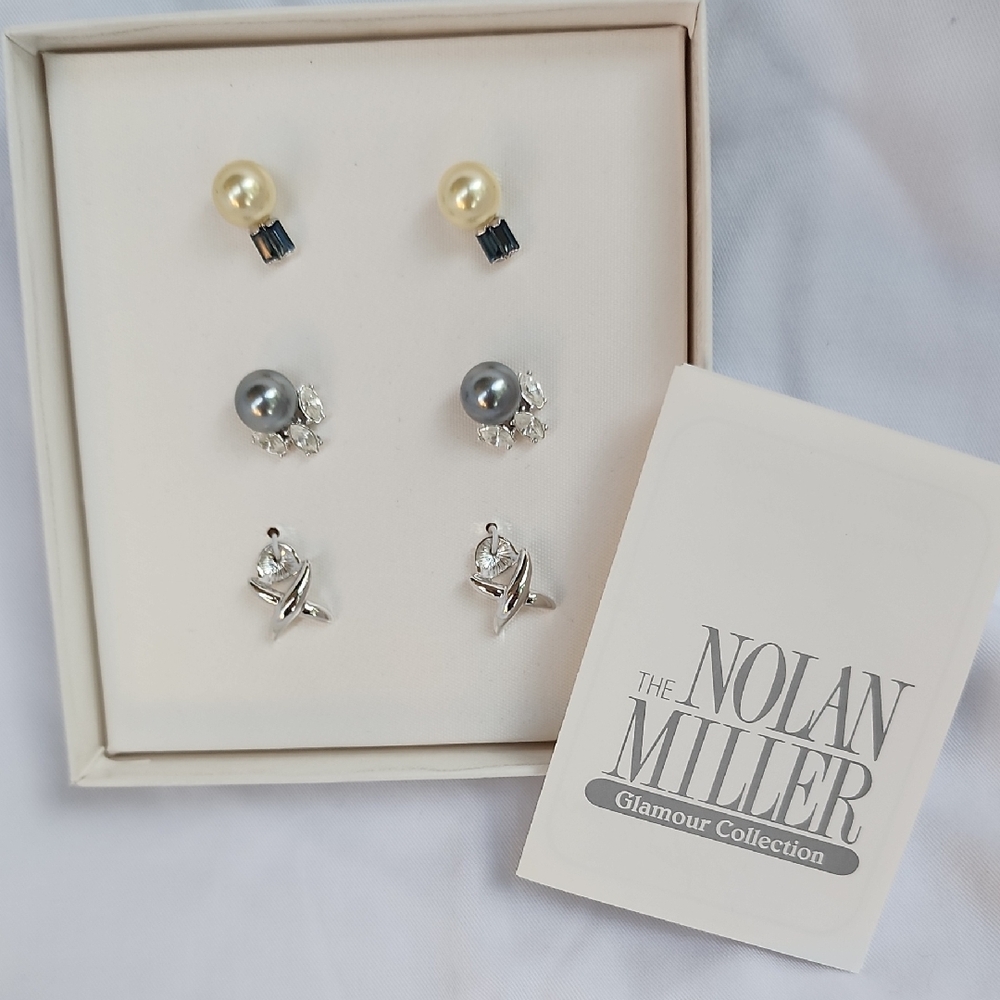 Nolan Miller Pearl and Silver Earrings Set New In Box Stud and Jacket Set